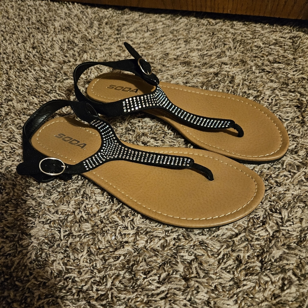Soda Black and Tan Sandals with Buckle Detail